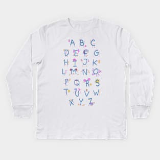 Cute alphabet characters | A to Z | pink blue purple on charcoal Kids Long Sleeve T-Shirt